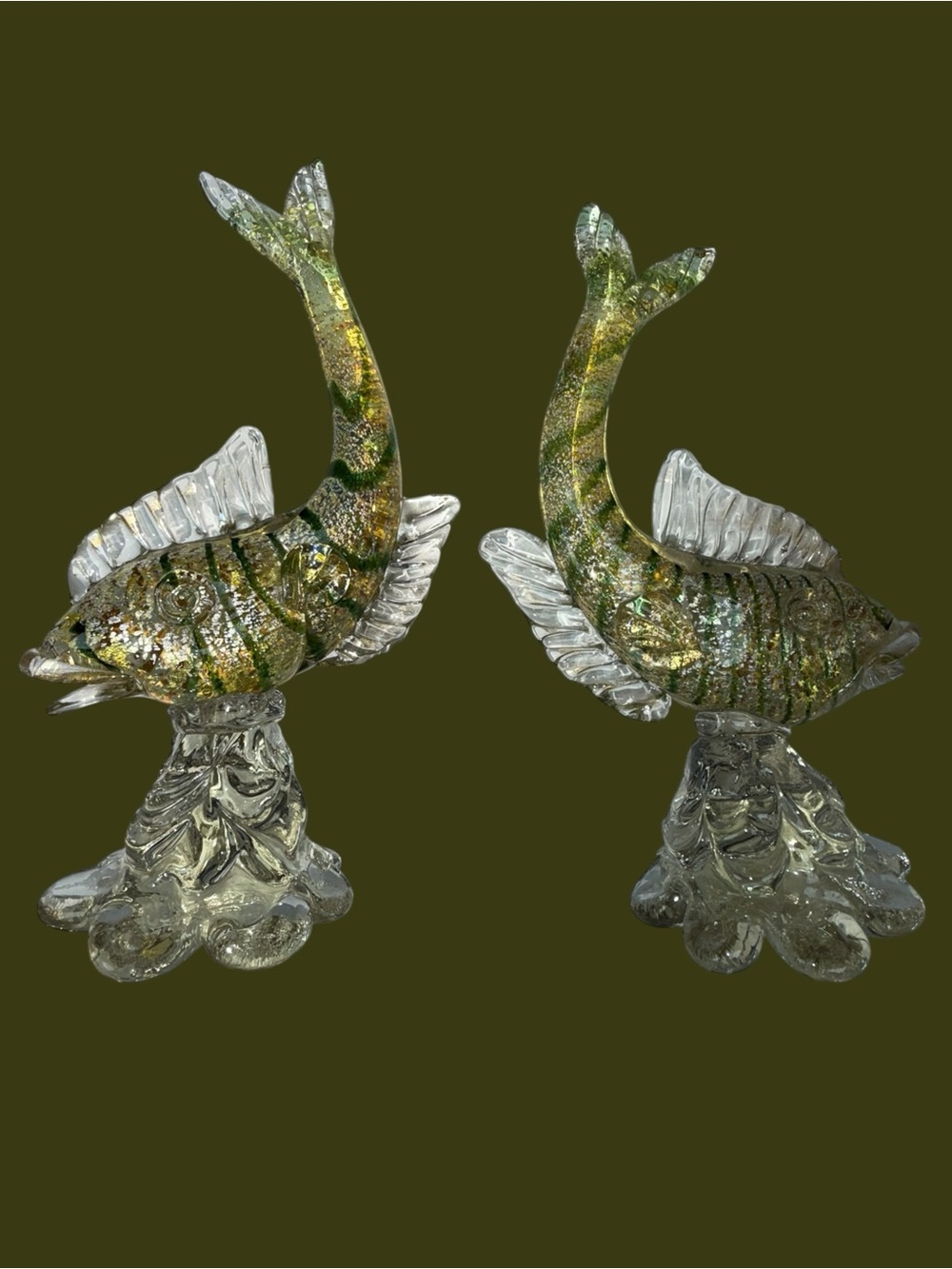 SET - Murano Glass Hand Blown Green Fish Silver & Gold Aventurine 10.75"